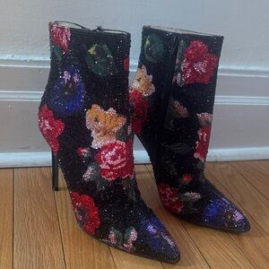 Betsy Johnson Sequin Floral Pointed-Toe stiletto Ankle Boots -